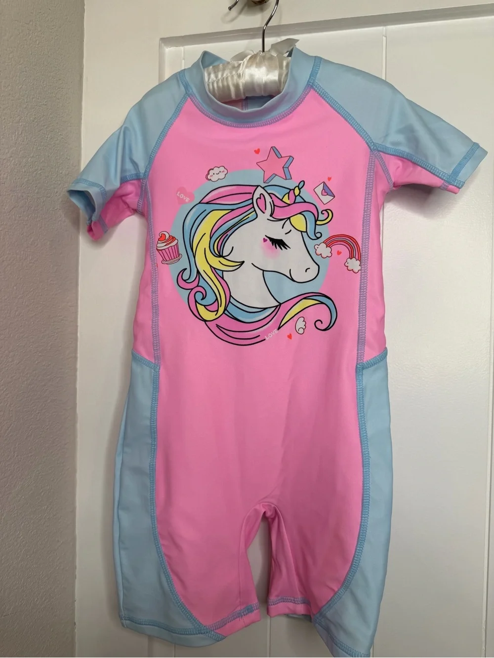 SHEIN Pink & Light Blue Unicorn Short Sleeve Swim Rashguard